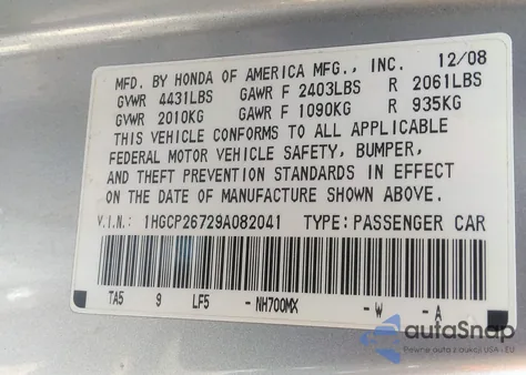 2009 Honda Accord 2.4 Ex z USA, uszkodzony, nr VIN 1HGCP26729A082041